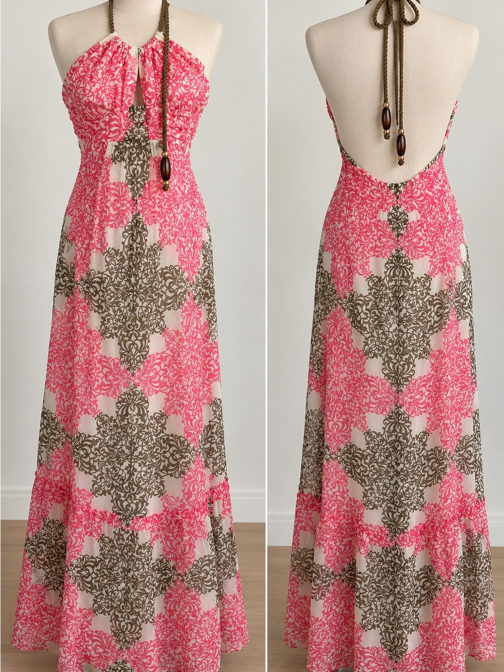 Milly of New York Y2K Pink Print Beaded Rope Halter Maxi Dress